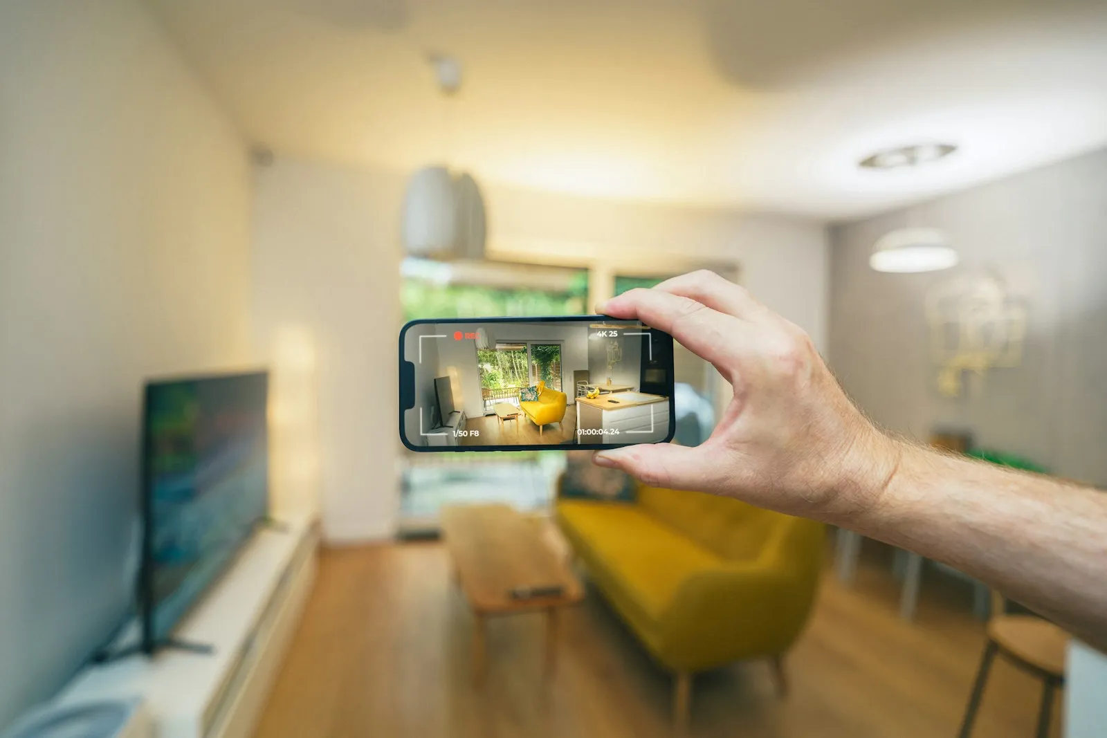 スマートフォンを構えて室内を撮影している手元。画面に部屋が映っている
