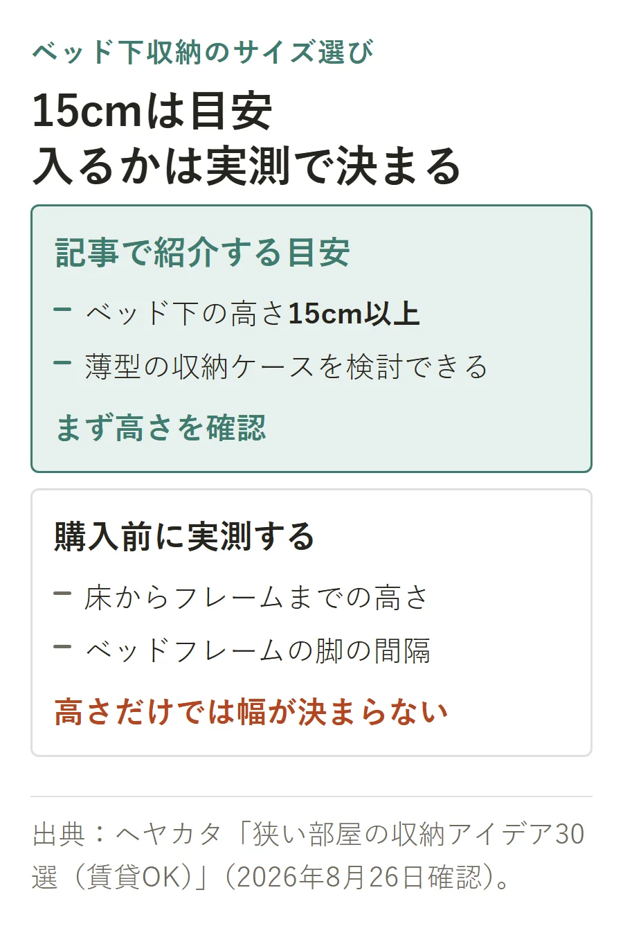 ベッド下収納は高さ15cm以上が薄型ケースの目安だが、購入前に床からフレームまでの高さと脚の間隔を実測する必要がある