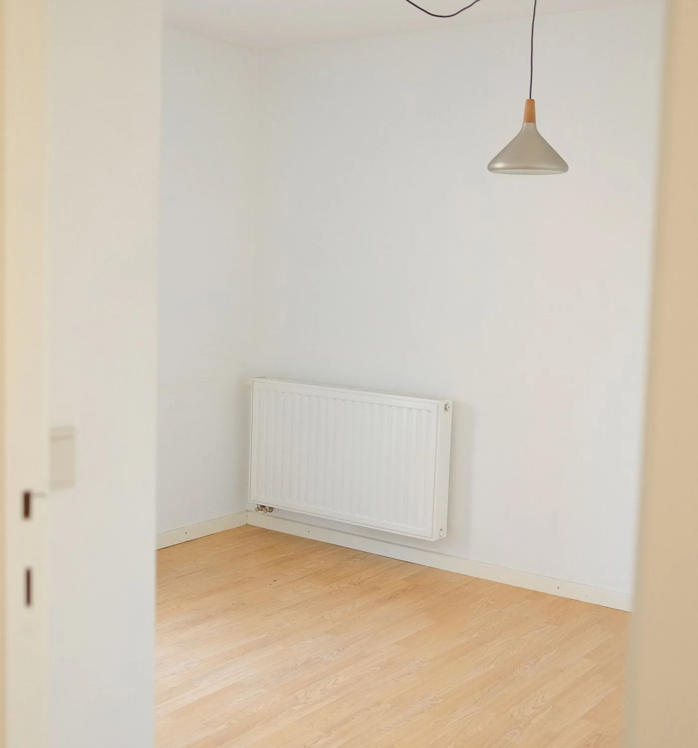 造り付けの収納がない部屋。白い壁と木目の床、天井から下がる照明だけが見える